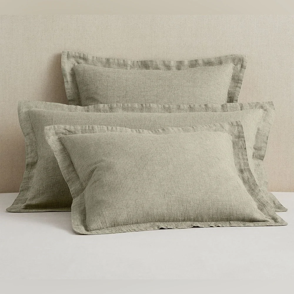 NEW Pottery Barn Belgian Flax Linen Waffle Weave King Pillow Sham Eucalyptus NWT